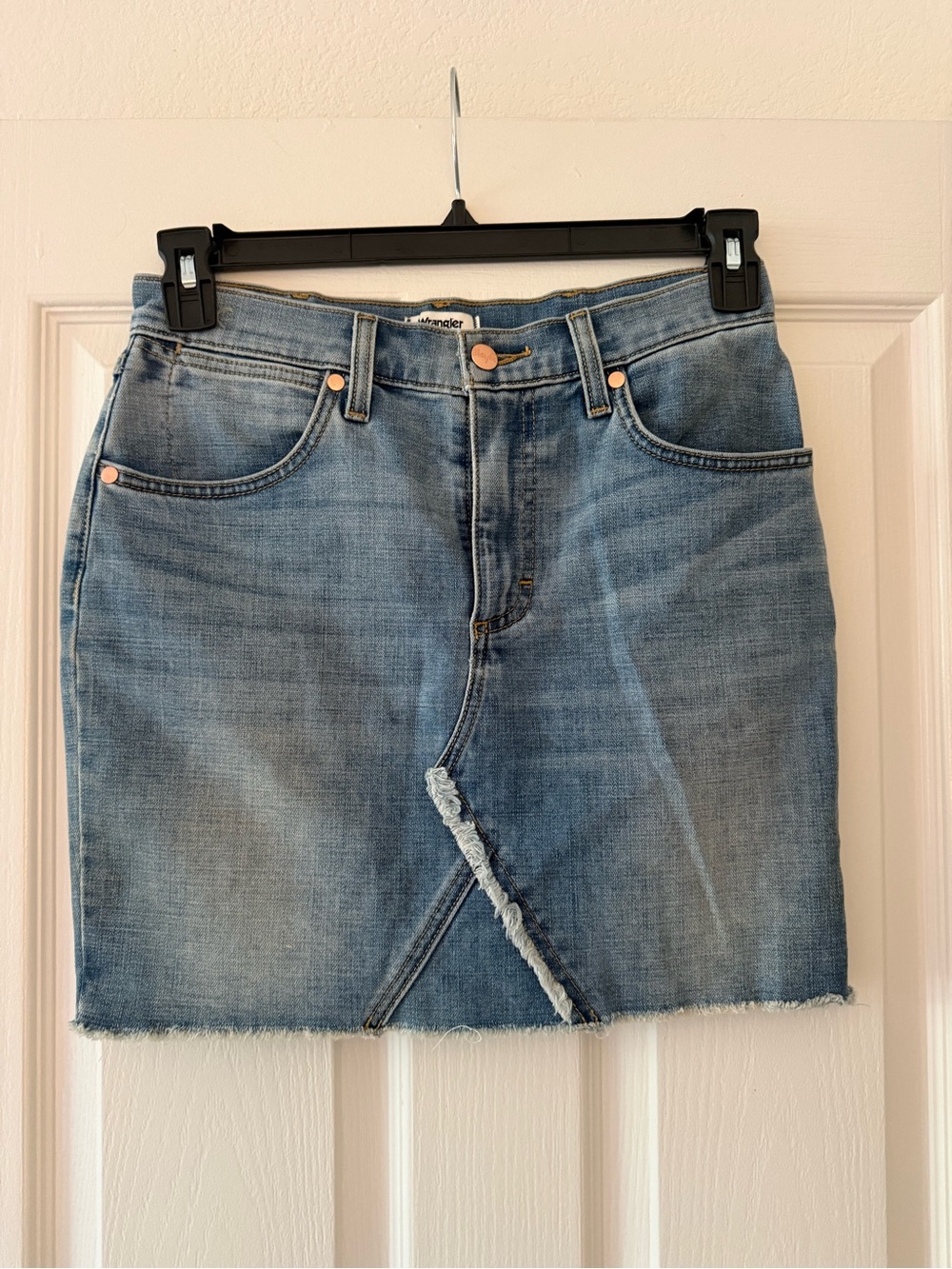 Wrangler Light Wash Denim Mini Skirt with Frayed V-Slit